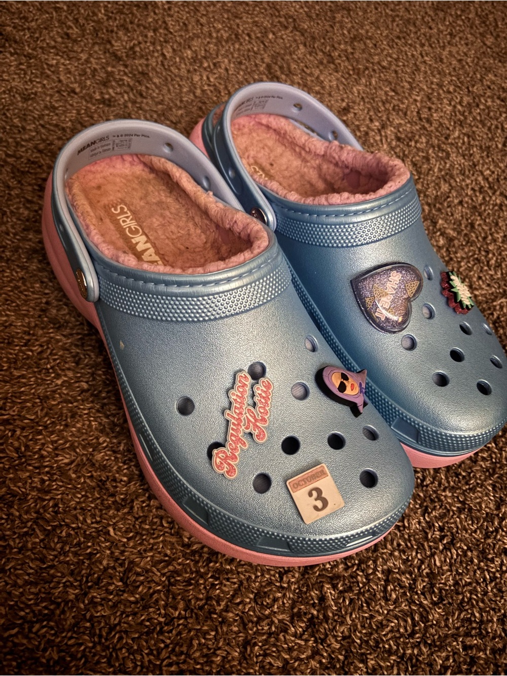 CROCS Girls Blue Metallic Clog with Pink Fuzzy Lining